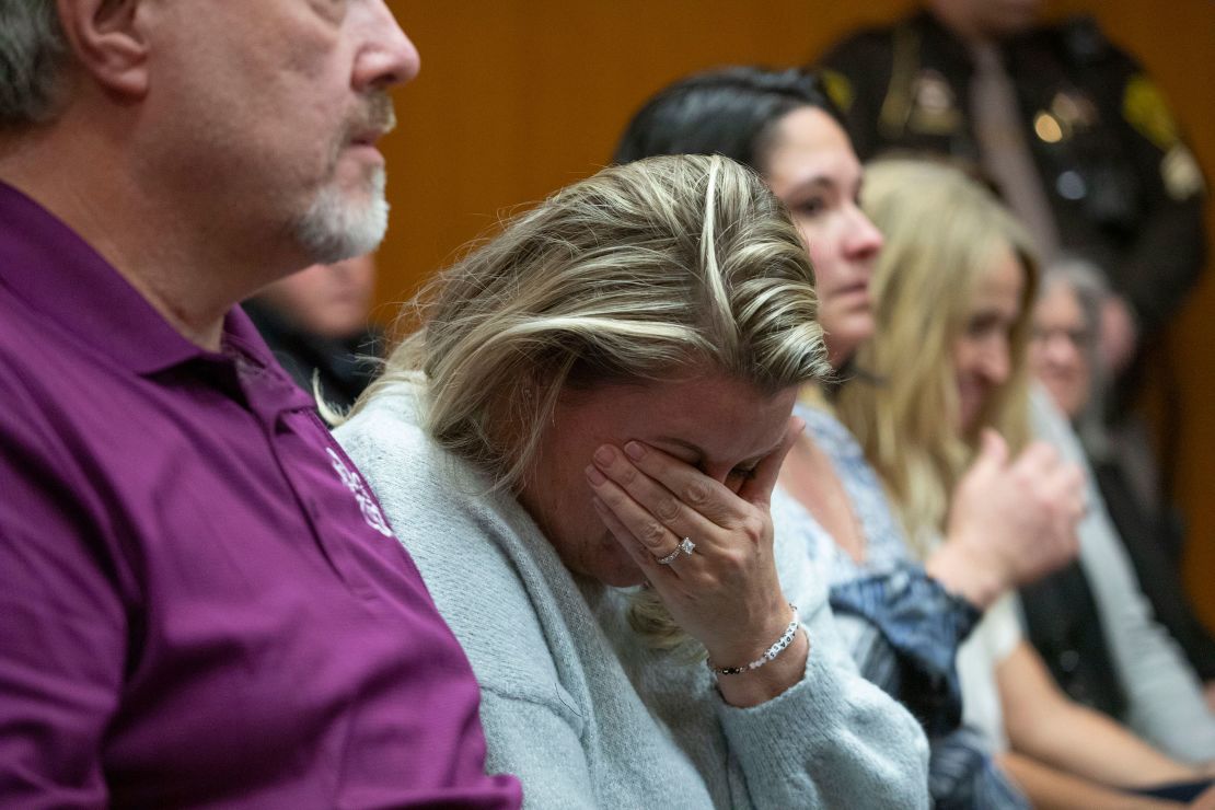 Nicole Beausoleil, the mother of Madisyn Baldwin, reacts to the jury's verdict in the trial of James Crumbley on March 14, 2024.