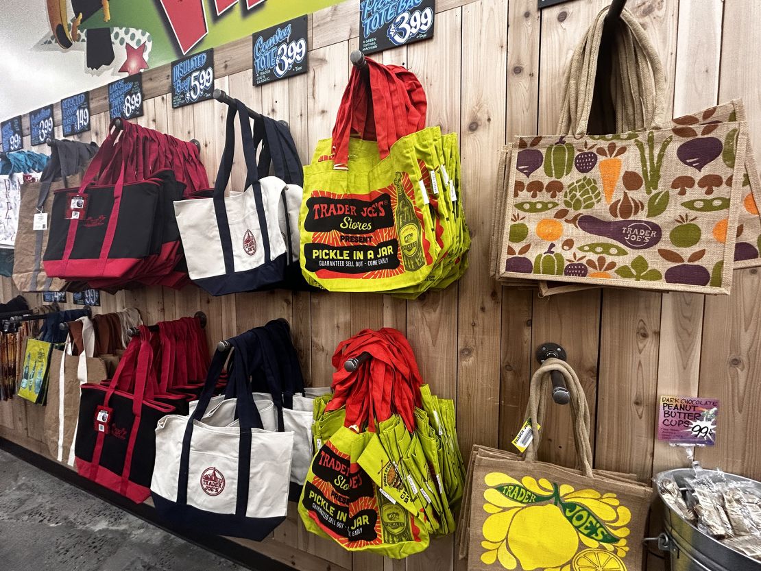 Variety of burlap and fabric reusable tote bags at Trader Joes supermarket, Queens, New York. (Photo by: Lindsey Nicholson/UCG/Universal Images Group via Getty Images)