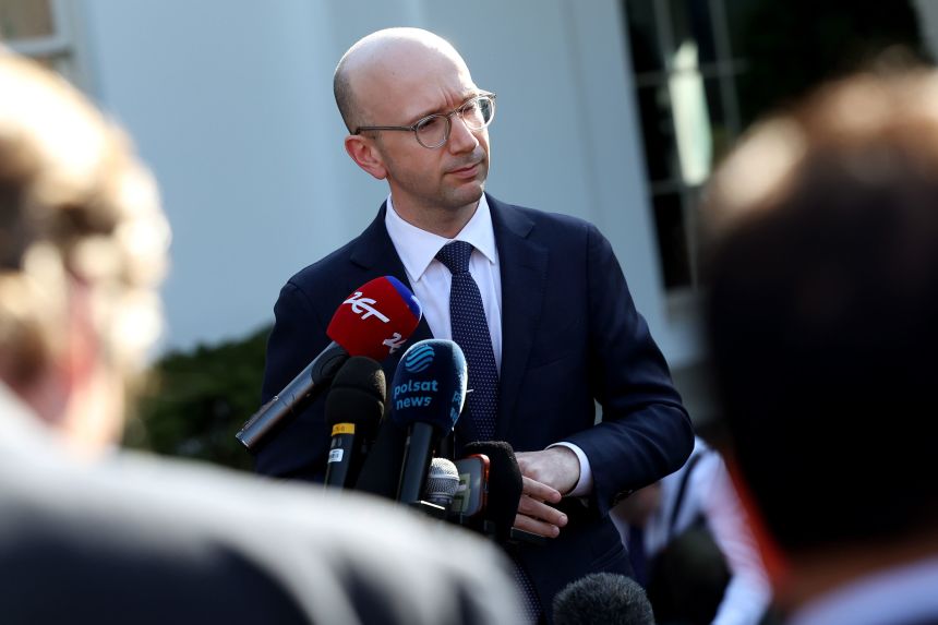 Ian Sams speaks to members of the media outside the White House on March 12, 2024.