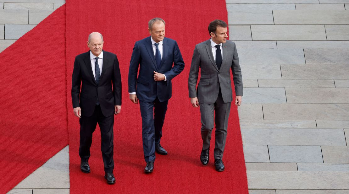 German Chancellor Olaf Scholz, Polish Prime Minister Donald Tusk and French President Emmanuel Macron in Berlin, Germany, March 15, 2024.