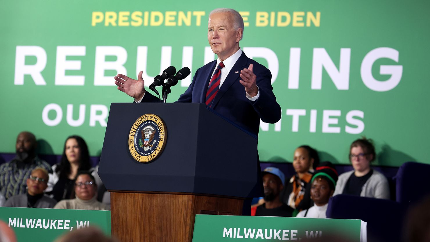 President Joe Biden speaks to guests at the Pieper-Hillside Boys and Girls Club on March 13, 2024, in Milwaukee.