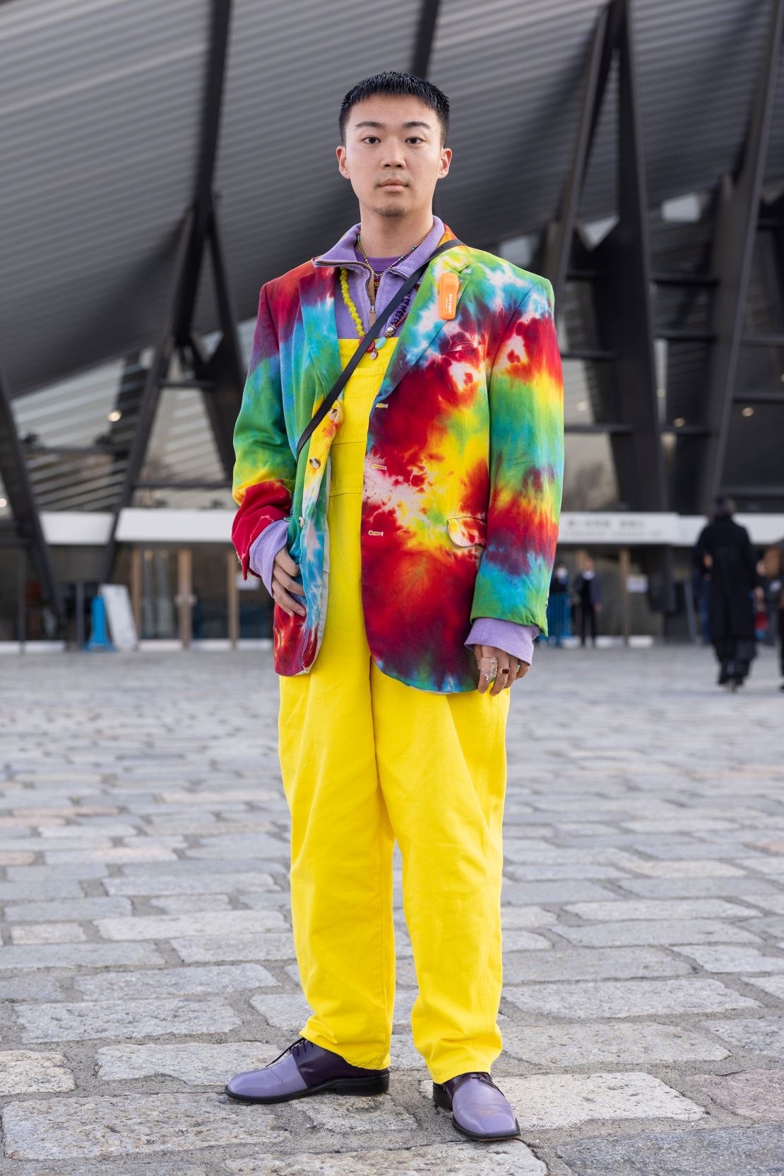 Attendee Bunta Shimizu wearing a colorful outfit at Tokyo Fashion Week on Thursday.