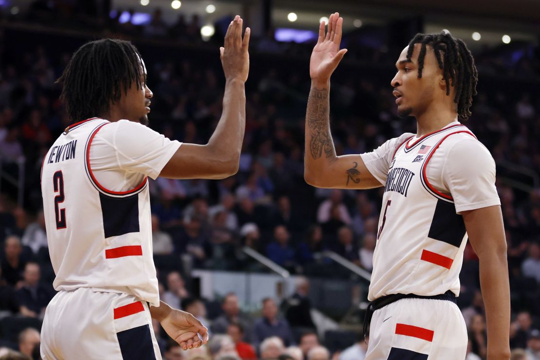 The back court of Tristen Newton (left) and Stephon Castle (right) has driven the Huskies on their back-to-back title-winning run, although both are now NBA-bound.