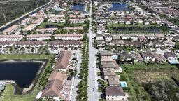 In an aerial view, homes sit on lots in a residential neighborhood on March 15, 2024, in Miami, Florida.