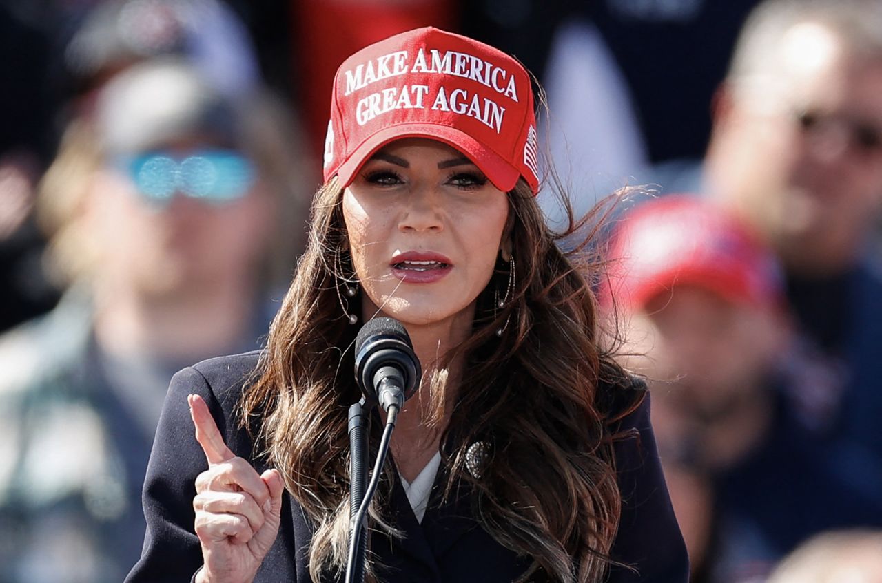 South Dakota Governor Kristi Noem speaks before Donald Trump takes the stage during a Buckeye Values PAC Rally in Vandalia, Ohio, on March 16.