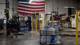 Coils of steel at the Marlin Steel Wire Products factory in Baltimore, Maryland, US, on Thursday, March 14, 2024.