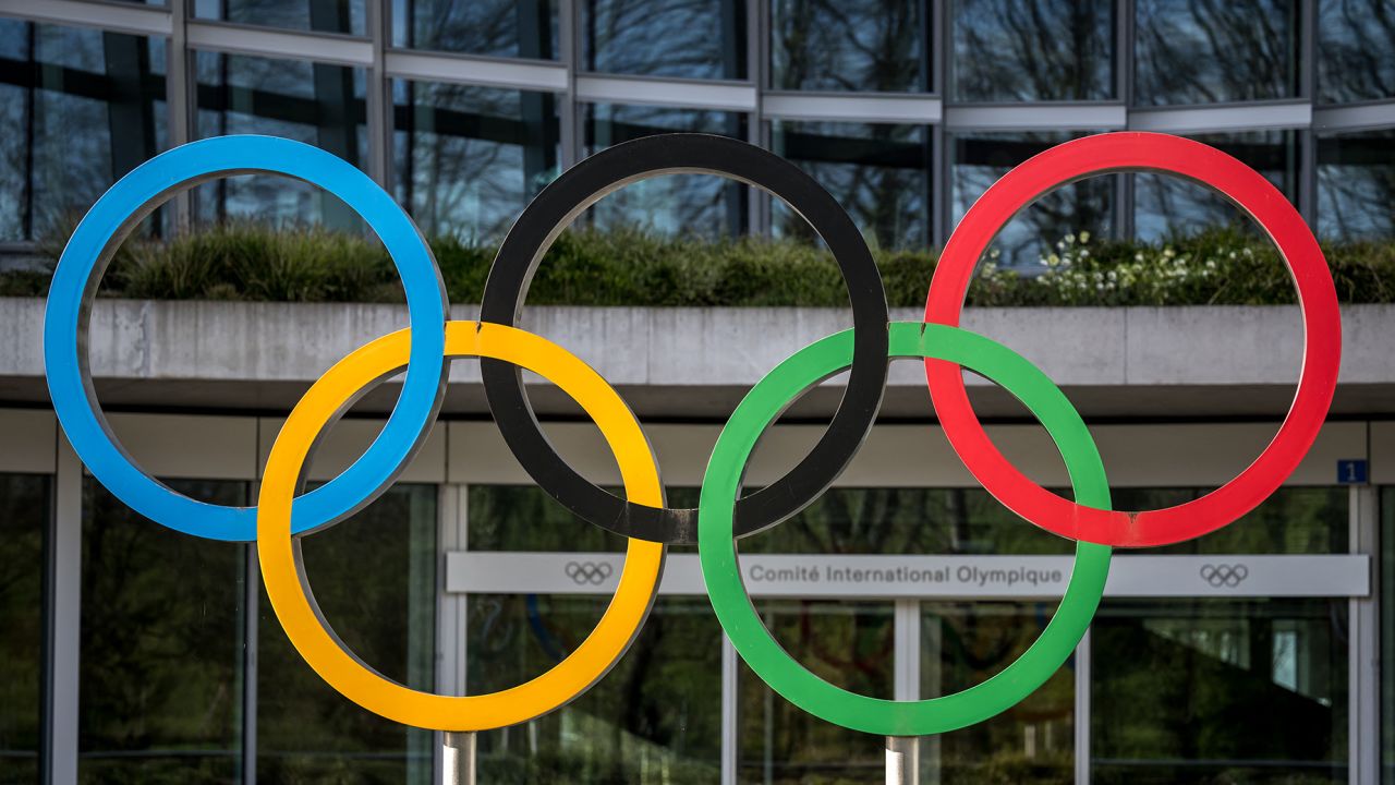The Olympic rings are seen outside the headquarters of the International Olympic Committee (IOC) at the opening day of a executive board meeting in Lausanne on March 19, 2024. (Photo by Fabrice COFFRINI / AFP) (Photo by FABRICE COFFRINI/AFP via Getty Images)