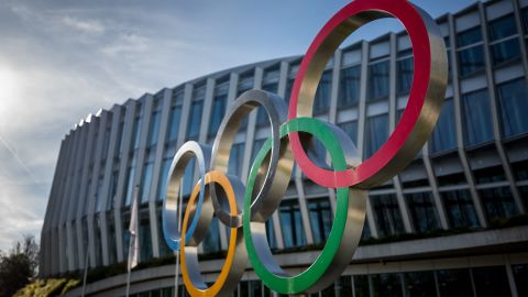 The Olympic rings are seen outside the headquarters of the International Olympic Committee (IOC) at the opening day of a executive board meeting in Lausanne on March 19, 2024. (Photo by Fabrice COFFRINI / AFP)