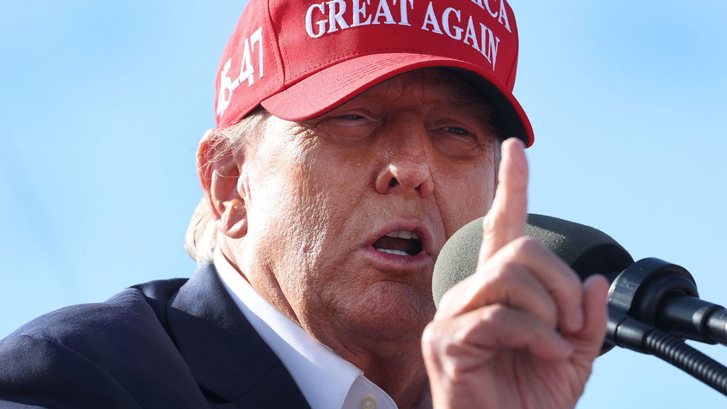 Republican presidential candidate former President Donald Trump speaks to supporters during a rally at the Dayton International Airport on March 16, 2024 in Vandalia, Ohio.