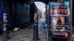 A poster advertising a Jack the Ripper tour is pictured alongside Gunthorpe Street in Whitechapel on 12th February 2024 in London, United Kingdom. Jack the Ripper was a notorious and unidentified serial killer linked to a series of unsolved murders between 1888 and 1891 known as the Whitechapel murders. Martha Tabram, who may have been the first victim of Jack the Ripper, was murdered in Gunthorpe Street, then known as George Yard, on 7th August 1888. (photo by Mark Kerrison/In Pictures via Getty Images)