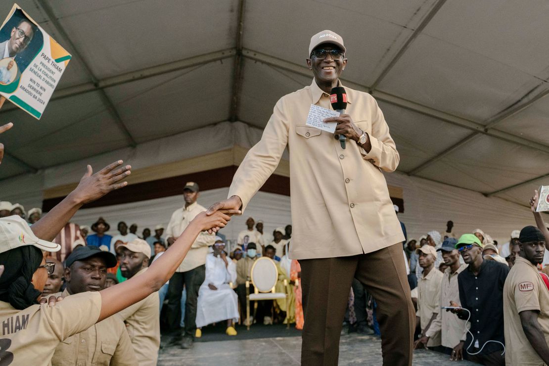 Former Prime minister Amadou Ba, candidate for outgoing president's Alliance For the Republic party (APR), addresses a campaign meeting ahead of Senegal's Presidential elections in Diourbel on March 19, 2024.