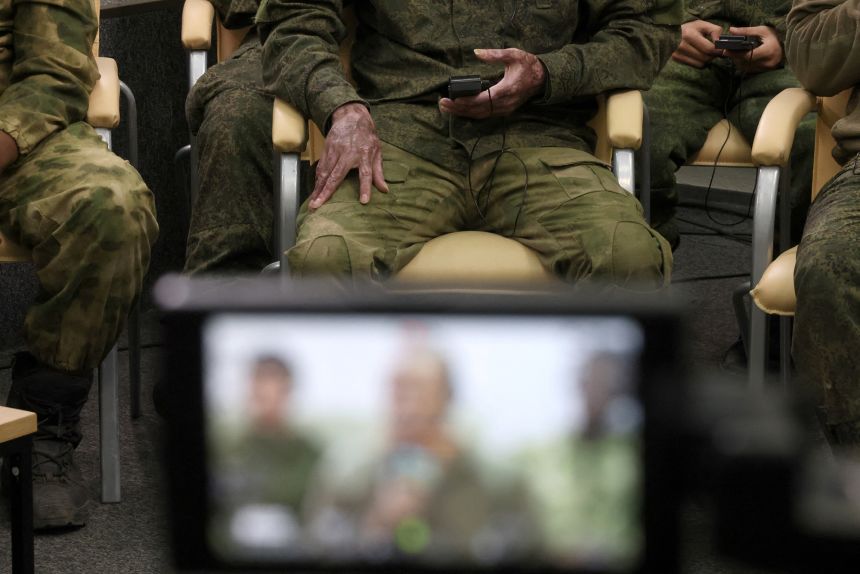 Foreign prisoners of war captured by Ukraine take part in a press conference organised by Ukrainian officials in Kyiv, on March 15, 2024.