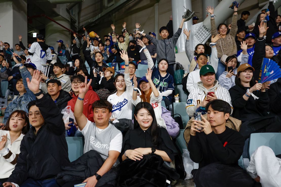 Fans cheer during pregame ceremonies prior to the 2024 Seoul Series game between the Los Angeles Dodgers and the San Diego Padres.