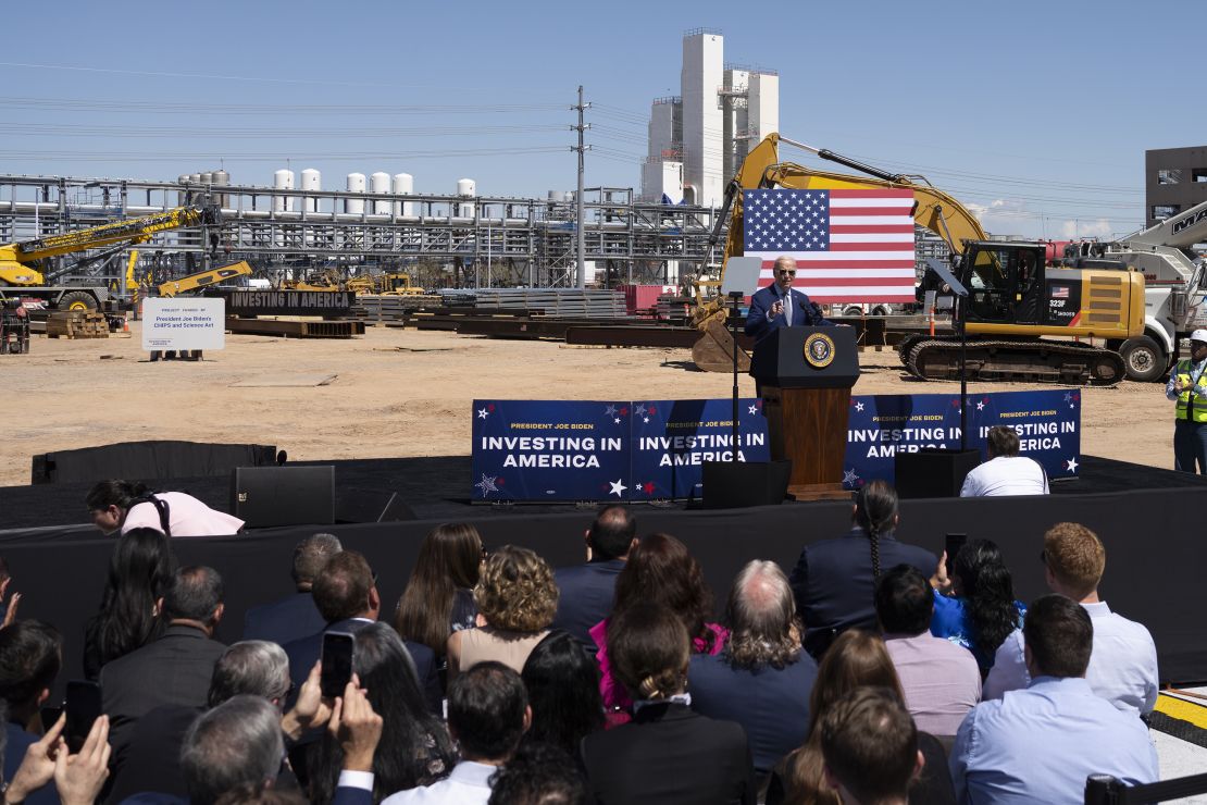 President Joe Biden gives a speech at the Intel Ocotillo Campus on March 20, 2024, in Chandler, Arizona. Biden announced $8.5 billion in federal funding from the CHIPS Act for Intel Corp. to manufacture semiconductors in Arizona.