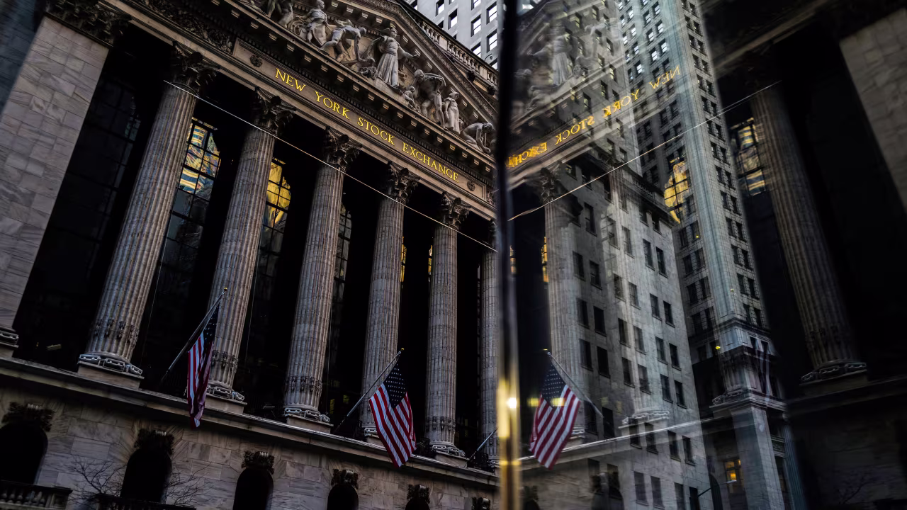 This photograph shows an exterior view of the New York Stock Exchange on at Wall Street in New York on March 20.