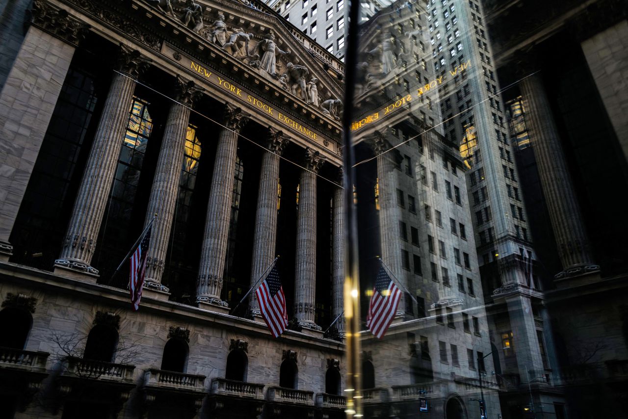 This photograph shows an exterior view of the New York Stock Exchange on at Wall Street in New York on March 20.