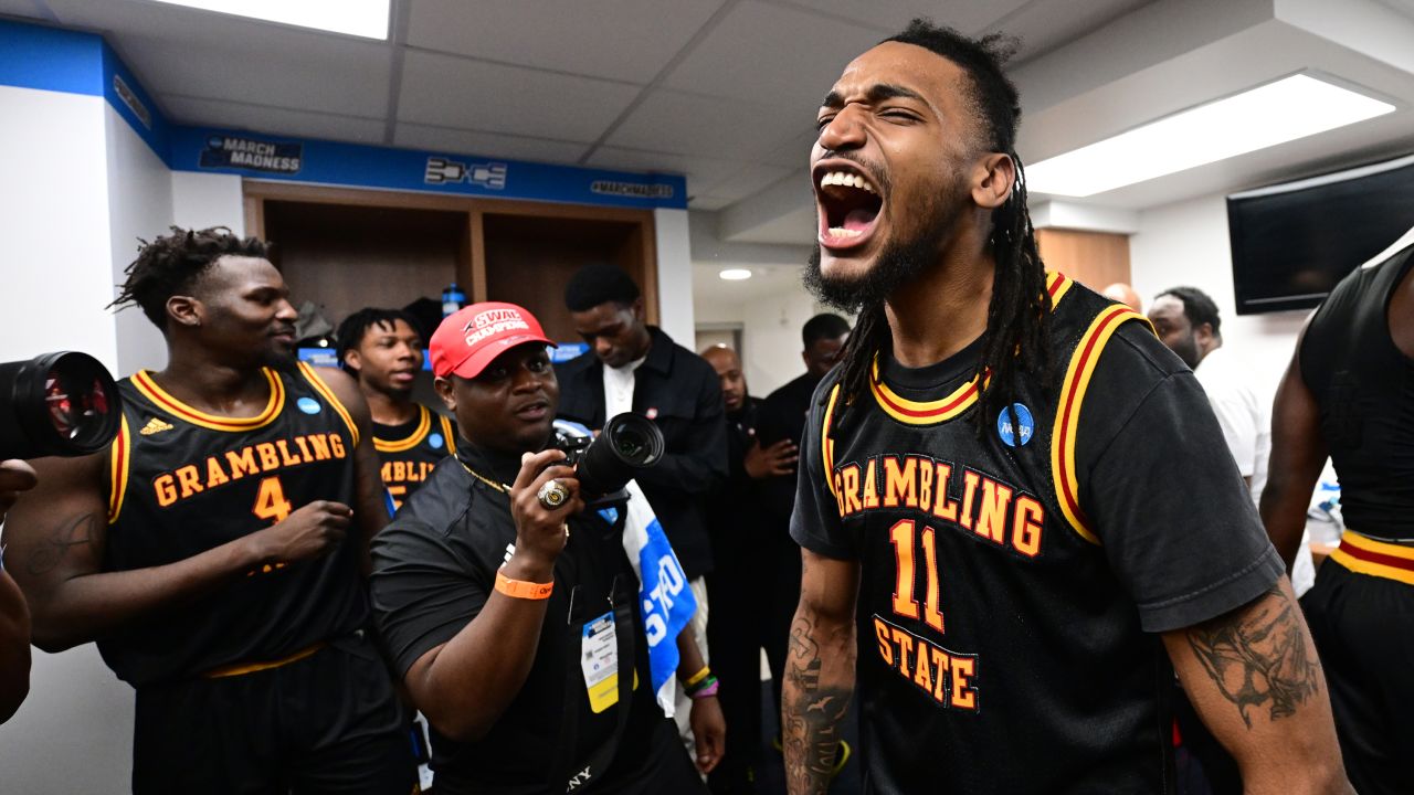 Jourdan Smith #11 of the Grambling State Tigers celebrates a win over the Montana State Bobcats during the First Four round of the 2024 NCAA Men's Basketball Tournament held at University of Dayton Arena on March 20, 2024 in Dayton, Ohio.