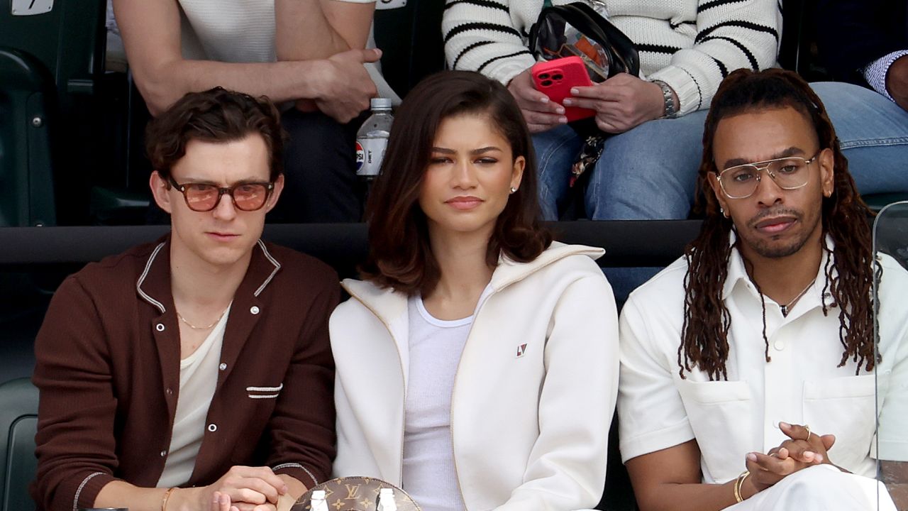 Tom Holland and Zendaya watches Carlos Alcaraz of Spain play Daniil Medvedev of Russia during the Men's Final of the BNP Paribas Open at Indian Wells Tennis Garden on March 17, 2024 in Indian Wells, California.
