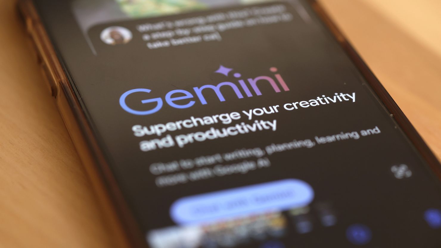 Gemini A.I. is seen on a phone on March 18, 2024 in New York City. The A.I.'s revamped search experience could potentially cause an even further decrease in audience for news outlets.