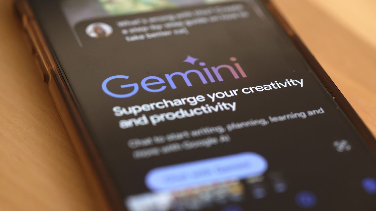 Gemini A.I. is seen on a phone on March 18, 2024 in New York City. The A.I.'s revamped search experience could potentially cause an even further decrease in audience for news outlets.