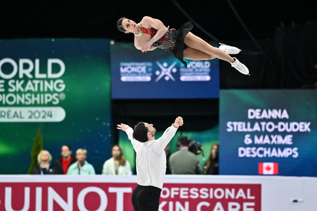 Deschamps throws Stellato-Dudek into a triple twist during the pairs' free skate portion of the 2024 World Figure Skating Championships.