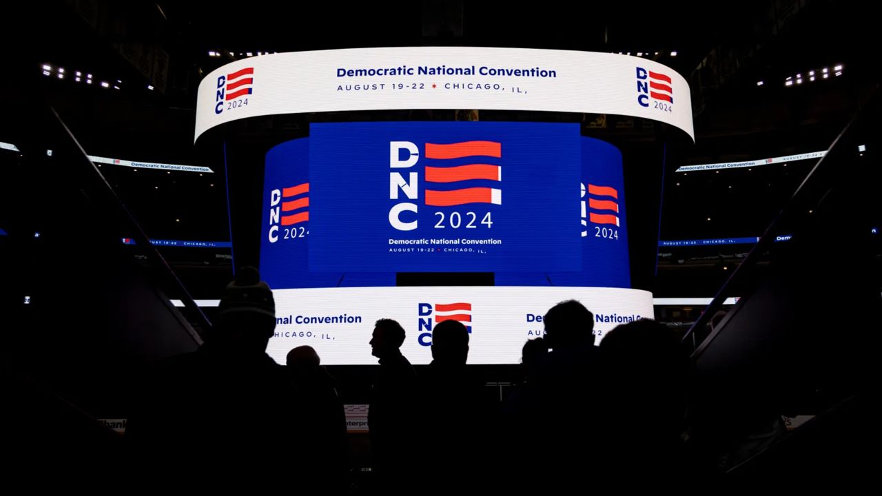 The convention logo is displayed while representatives for the Democratic National Convention hold a media walkthrough on Jan. 18, 2024, at the United Center.