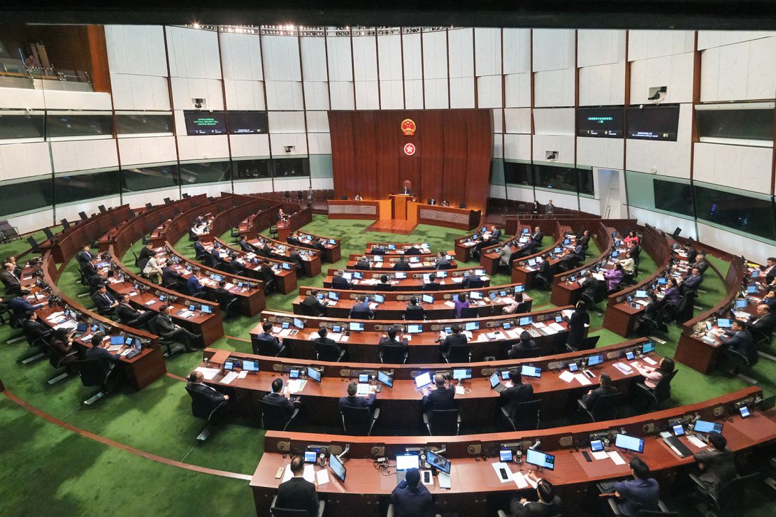 Lawmakers attend a meeting for Basic Law Article 23 legislation at the Legislative Council on March 19, 2024 in Hong Kong, China.