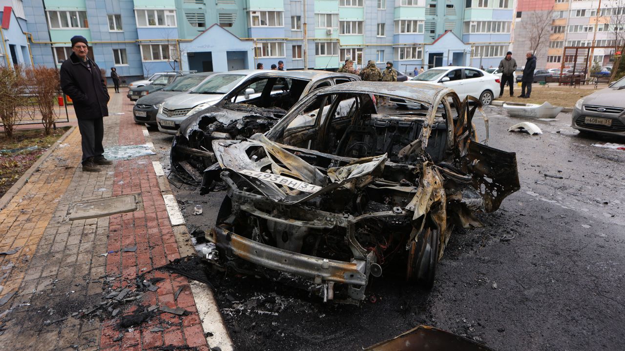 Burned-out cars are seen in a residential area of the city of Belgorod following fresh aerial attacks on March 22, 2024. (Photo by STRINGER / AFP) (Photo by STRINGER/AFP via Getty Images)