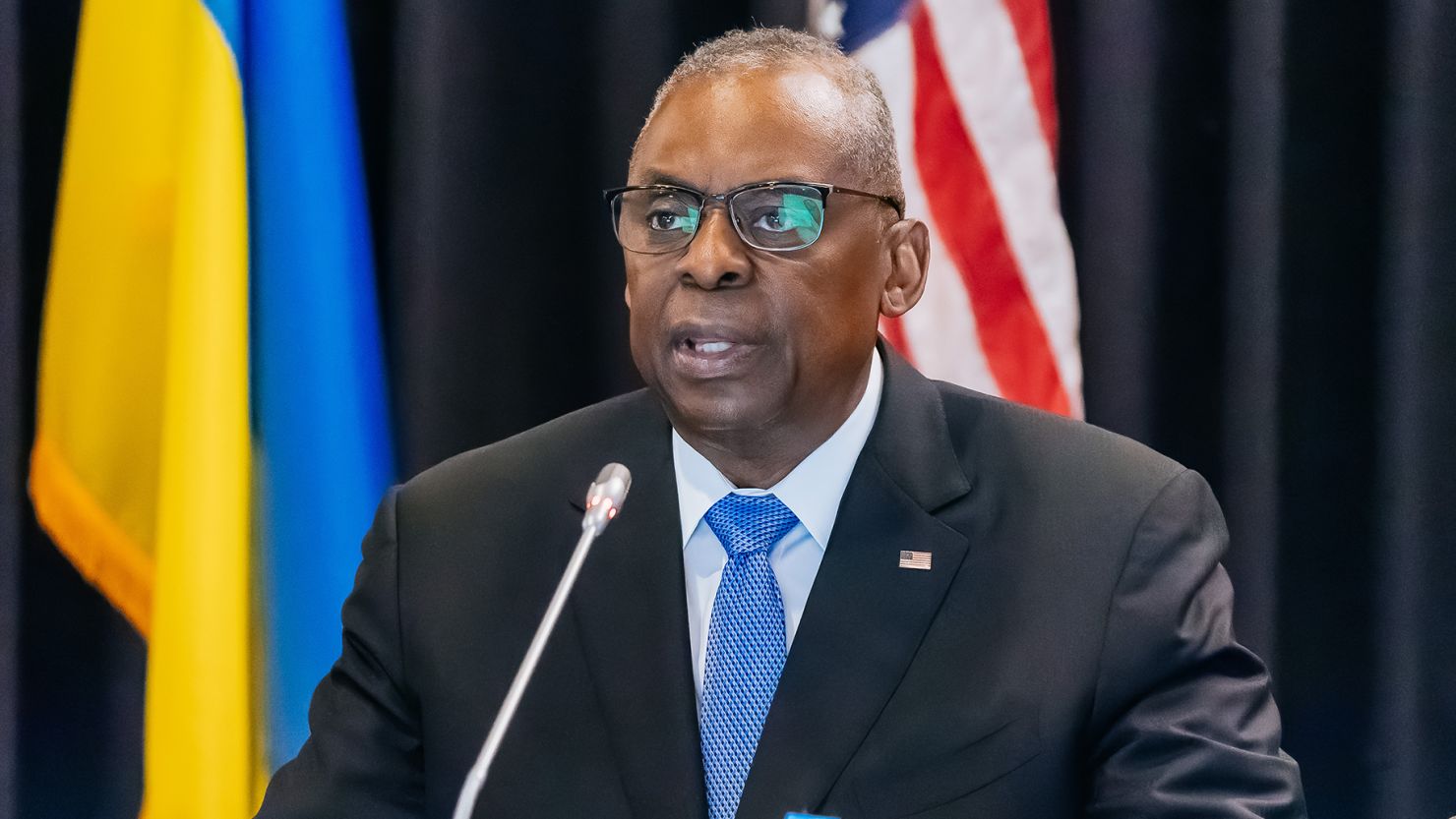 US Defense Secretary Lloyd Austin attends the Ukraine Defense Contact Group at Ramstein Air Base on March 19, 2024 in Ramstein-Miesenbach, Germany.
