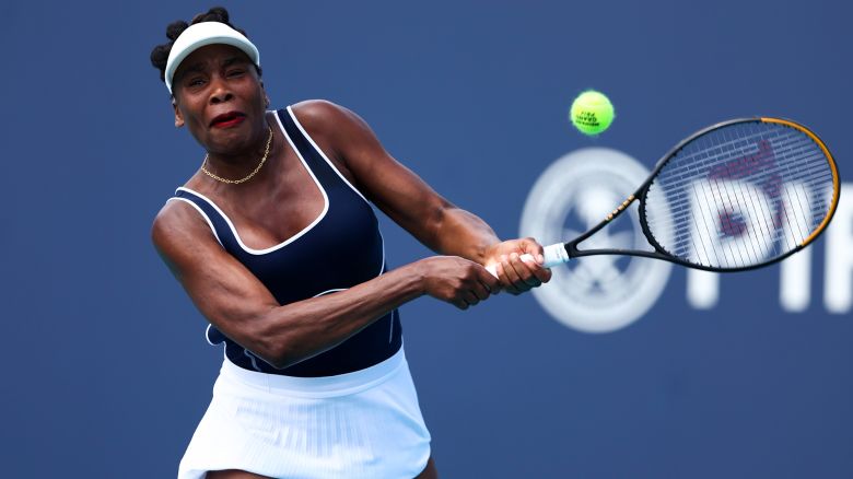 MIAMI GARDENS, FLORIDA - MARCH 19: Venus Williams of the United States returns a shot to Diana Shnaider of Russia during her women's singles match during the Miami Open at Hard Rock Stadium on March 19, 2024 in Miami Gardens, Florida. (Photo by Megan Briggs/Getty Images)
