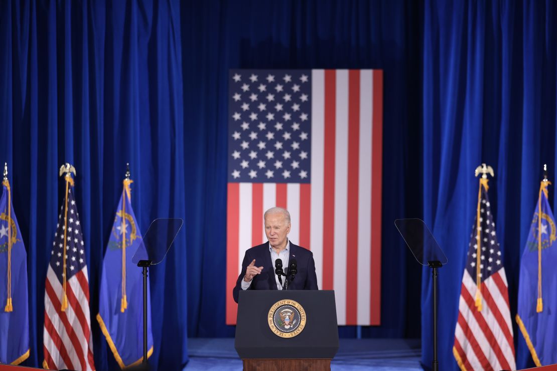 US President Joe Biden speaks at Stupak Community Center on March 19, 2024 in Las Vegas, Nevada. Biden delivered remarks on making affordable housing more available for American families.