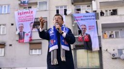 Istanbul Mayor Ekrem Imamoglu of the main opposition Republican People's Party (CHP) addresses the supporters during an election campaign rally in Istanbul, Turkey, on March 22, 2024.