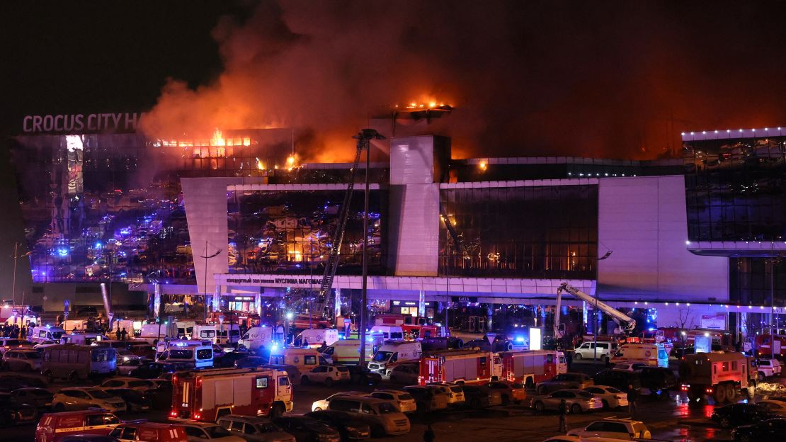 Emergency services vehicles outside Crocus City Hall concert hall following the shooting incident in Krasnogorsk, outside Moscow, on March 22, 2024.