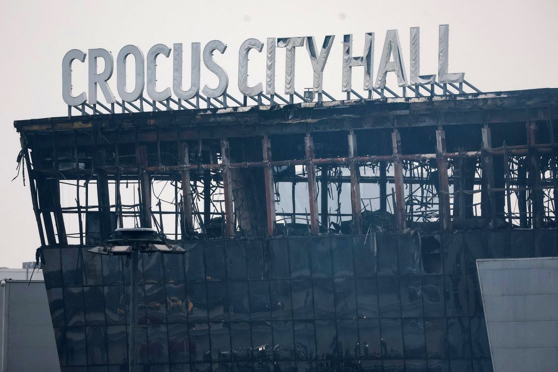 The burned Crocus City Hall concert hall is pictured on Saturday.
