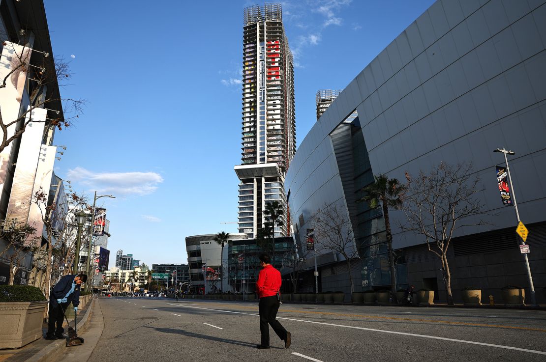 Multi-floor graffiti tags and slogans are visible on one of the three high-rise buildings at Oceanwide Plaza on March 20. Such is the prominence of the artwork that the Plaza has become known as "Graffiti Towers" to many city residents.