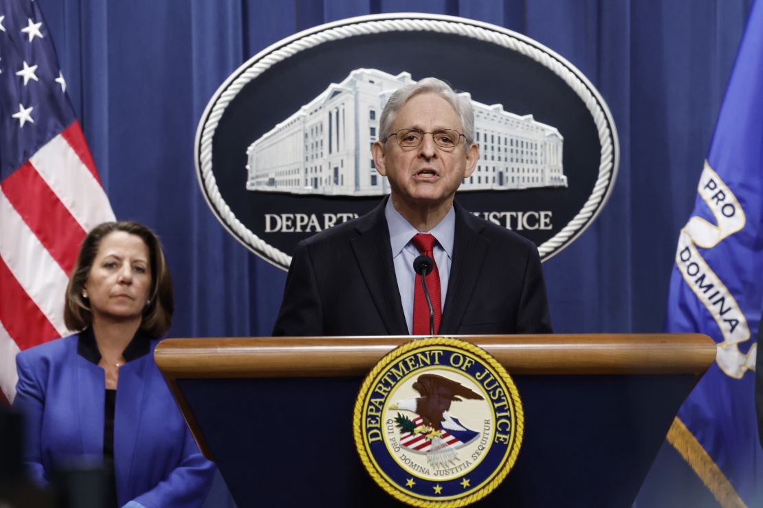 US Attorney General Merrick Garland speaks during a news conference at the Department of Justice Building on March 21, 2024 in Washington, DC on how the government is taking action against Apple.