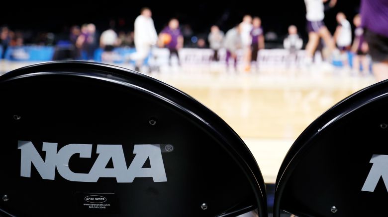 NEW YORK, NEW YORK - MARCH 21: Detail of the NCAA logo on courtside chairs as the Northwestern Wildcats shoot around during a practice day ahead of the NCAA Men's Basketball Tournament at Barclays Center on March 21, 2024 in the Brooklyn borough of New York City. (Photo by Sarah Stier/Getty Images)