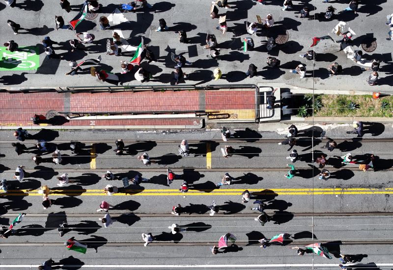 Hundreds of Pro-Palestinian protesters are gathered near the Ferry Building and marched on Market Street to protest Israeli attacks on Gaza and Rafah, in San Francisco, California, United States on March 24, 2024.