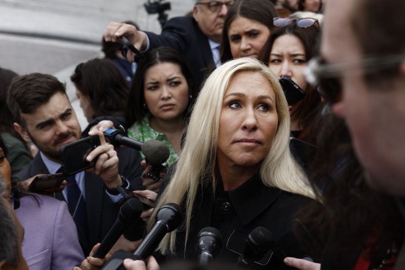 Rep. Marjorie Taylor Greene of Georgia speaks to reporters outside of the U.S. Capitol Building on March 22, 2024, in Washington, DC.