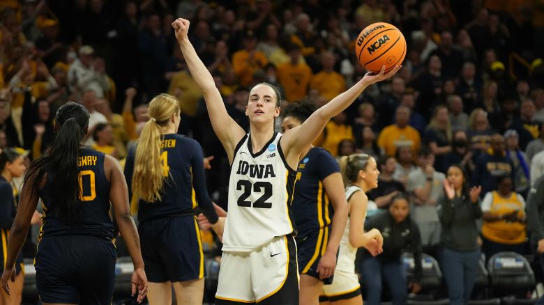 Caitlin Clark #22 of the Iowa Hawkeyes celebrates after the win against the West Virginia Mountaneers in the second round of the 2024 NCAA Women's Basketball Tournament held at Carver-Hawkeye Arena on March 25, 2024 in Iowa City, Iowa.