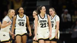 IOWA CITY, IOWA - MARCH 25: Caitlin Clark #22 of the Iowa Hawkeyes reacts after a play against the West Virginia Mountaneers during the second round of the 2024 NCAA Women's Basketball Tournament held at Carver-Hawkeye Arena on March 25, 2024 in Iowa City, Iowa. (Photo by Rebecca Gratz/NCAA Photos via Getty Images)
