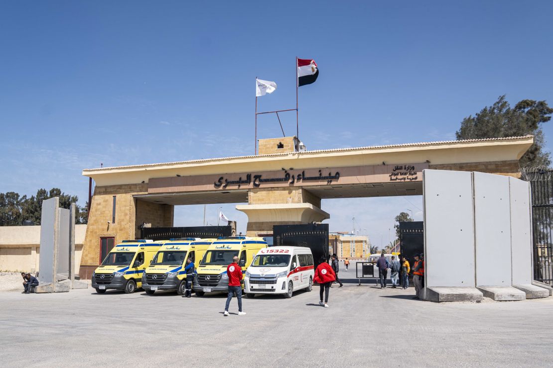 Ambulances lined up in front of the Egyptian side of the Rafah crossing during a visit of United Nations Secretary-General Antonio Guterres on March 23.