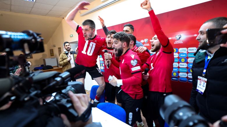 TOPSHOT - Georgia's players celebrate after winning the UEFA EURO 2024 qualifying play-off final football match between Georgia and Greece in Tbilisi on March 26, 2024. (Photo by Giorgi ARJEVANIDZE / AFP) (Photo by GIORGI ARJEVANIDZE/AFP via Getty Images)