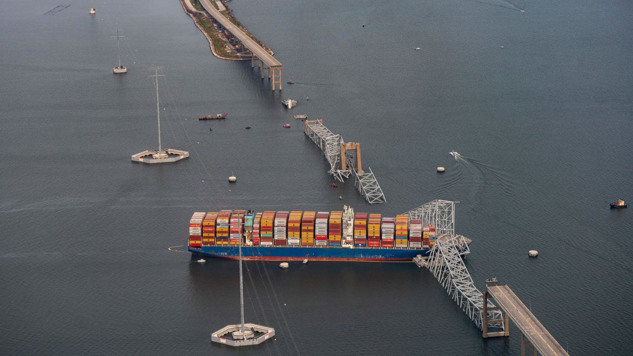 The Dali container vessel after striking the Francis Scott Key Bridge that collapsed into the Patapsco River in Baltimore, Maryland, US, on Tuesday, March 26, 2024.