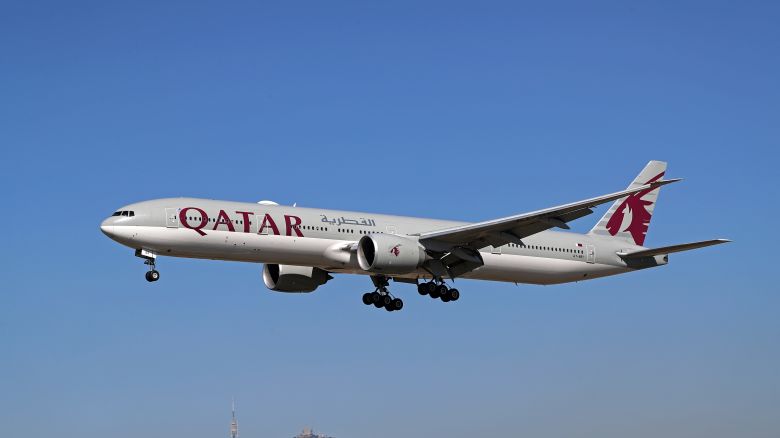 A Boeing 777-3DZ(ER) from Qatar Airways is landing at Barcelona Airport in Barcelona, Spain, on February 29, 2024. (Photo by Urbanandsport/NurPhoto via Getty Images)