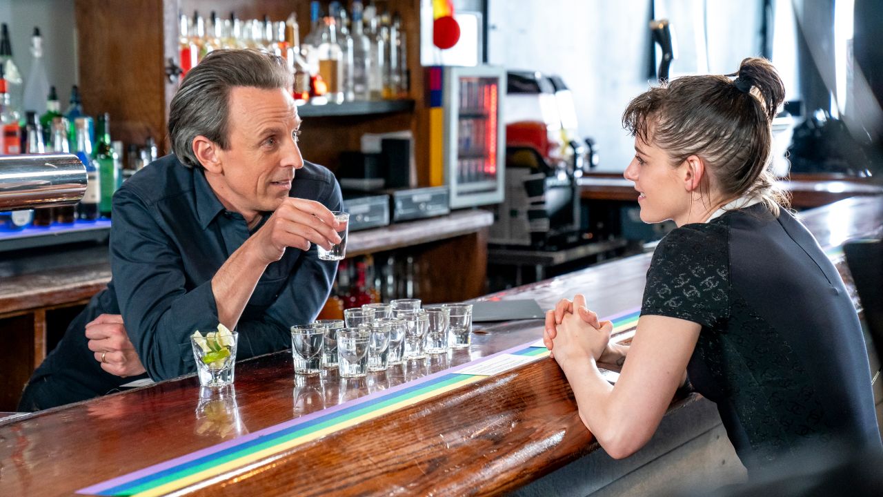 LATE NIGHT WITH SETH MEYERS -- Episode 1501 -- Pictured: (l-r) Host Seth Meyers and actress Kristen Stewart during "Day Drinking" on March 26, 2024