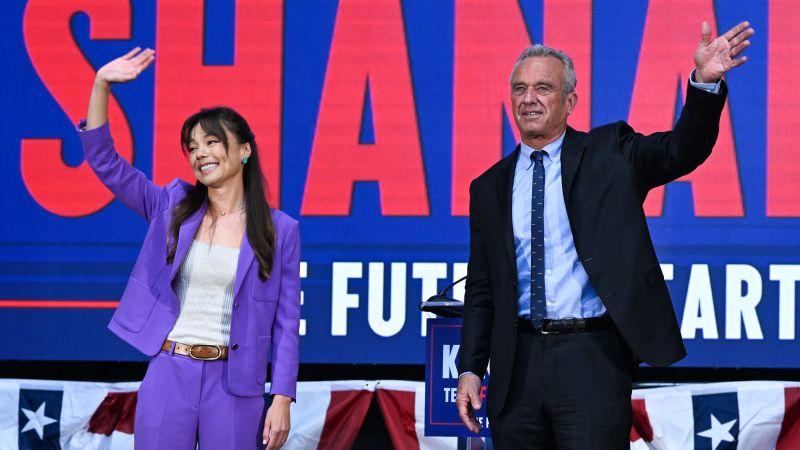 OAKLAND, CA - MARCH 26: Independent US presidential candidate Robert F. Kennedy, Jr. tapped California attorney Nicole Shanahan (left) as his running mate for vice president during an event in Oakland, California, United States on March 26, 2024. (Photo by Tayfun Coskun/Anadolu via Getty Images)