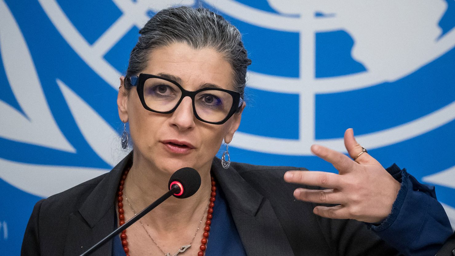 The UN's Special Rapporteur on human rights in the Palestinian territories, Francesca Albanese, speaks at a press conference in Geneva, on March 27, 2024.