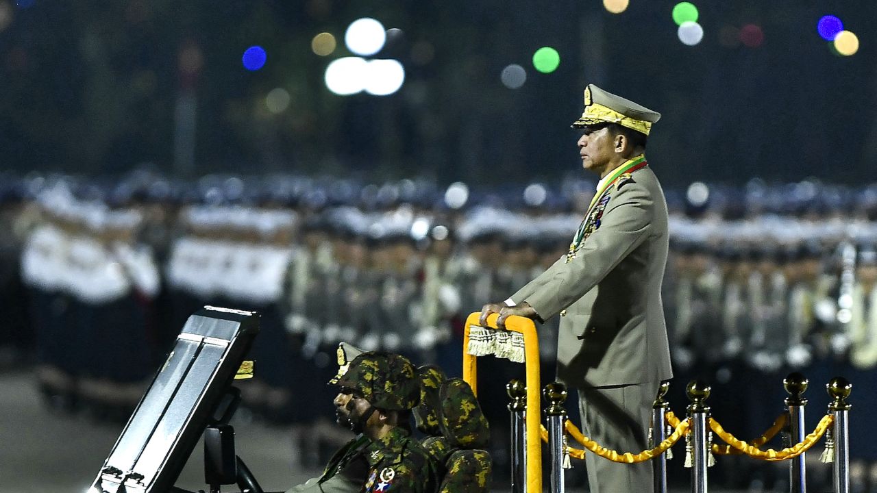 Myanmar's junta chief military Min Aung Hlaing arrives to deliver a speech during a ceremony to mark the country's Armed Forces Day in Naypyidaw on March 27, 2024. Myanmar's junta chief on March 27, 2024 blamed the country's growing armed resistance movement for preventing long-promised elections in a speech to thousands of soldiers following an Armed Forces Day parade. (Photo by AFP)