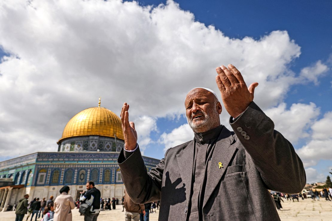 Ali al-Zayadana, the brother of Youssef and the uncle of Hamza, two Beduin men who were taken hostage by Hamas on October 7, prays for them in the Al-Aqsa mosque compound, in Jerusalem on March 22.